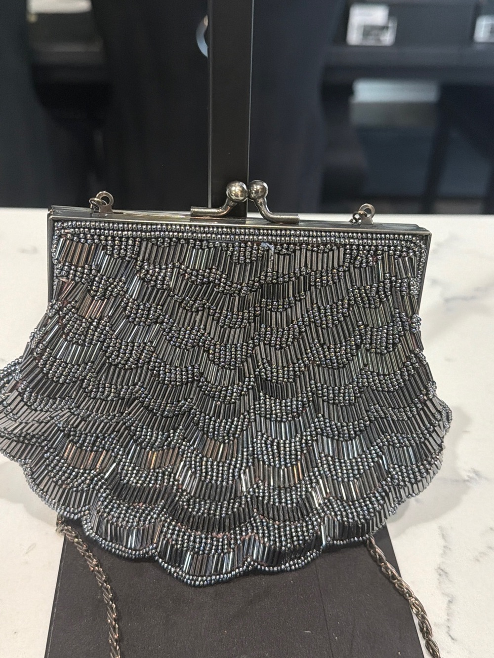 Beaded Metal-Effect Evening Clutch with Chain Strap - Picture 6 of 6